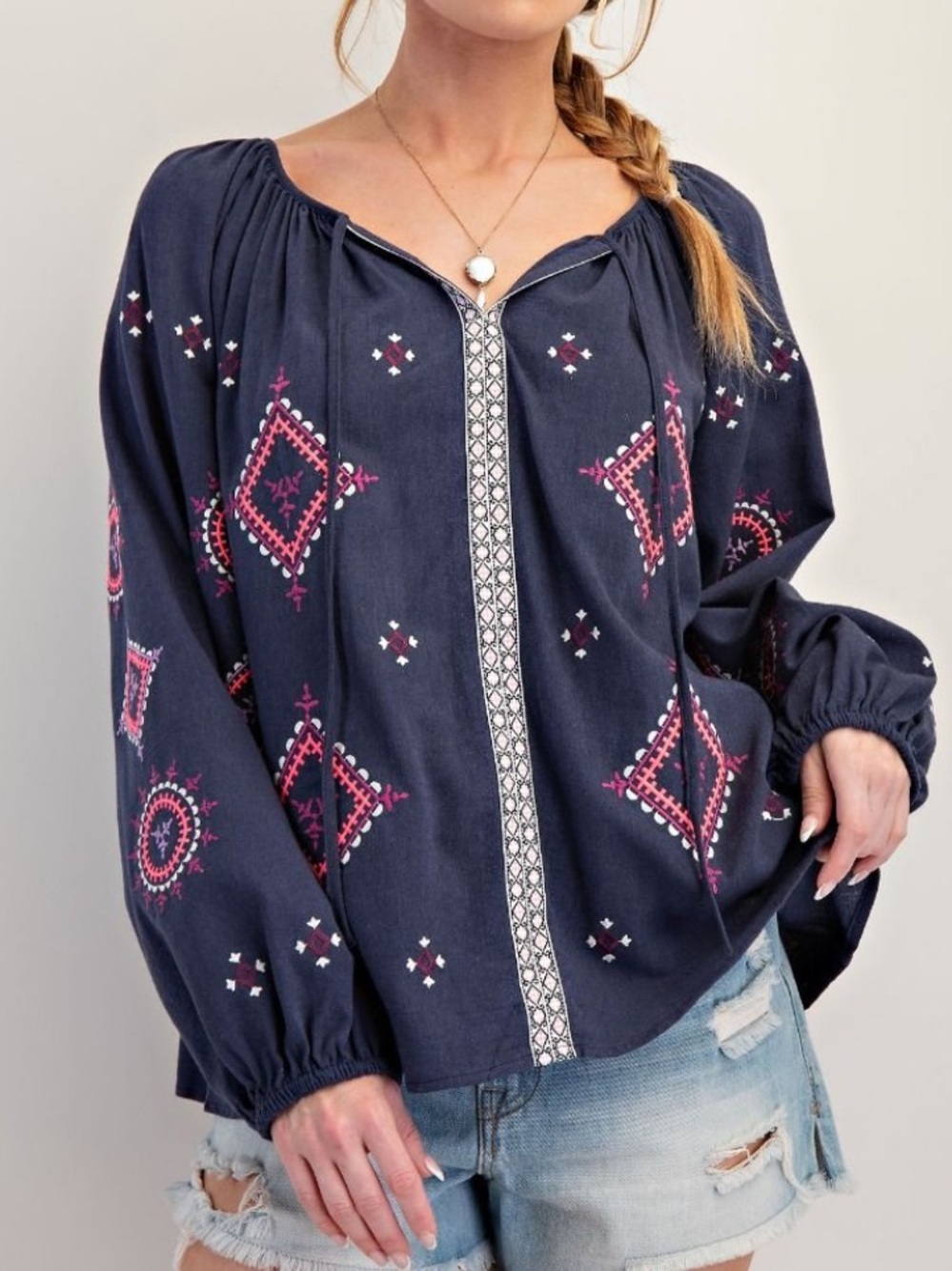 T179 Easel Embroidered Cotton Navy Blue Boho Western Aztec Tunic Long Sleeve